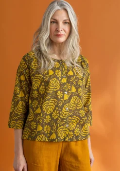 Blusar-Gudrun Sjödén Vävd blus ”Hedda” i ekologisk bomull Mörkoliv/mönstrad
