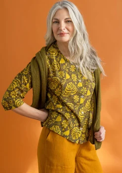 Blusar-Gudrun Sjödén Vävd blus ”Hedda” i ekologisk bomull Mörkoliv/mönstrad